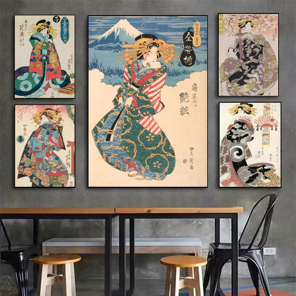 Interior Design Poster - レトロな日本の芸者ポスター ミニマリストで簡単に貼れるウォールアートステッカー、スタイリッシュな家のインテリアにぴったりのクリーンな美的デザイン