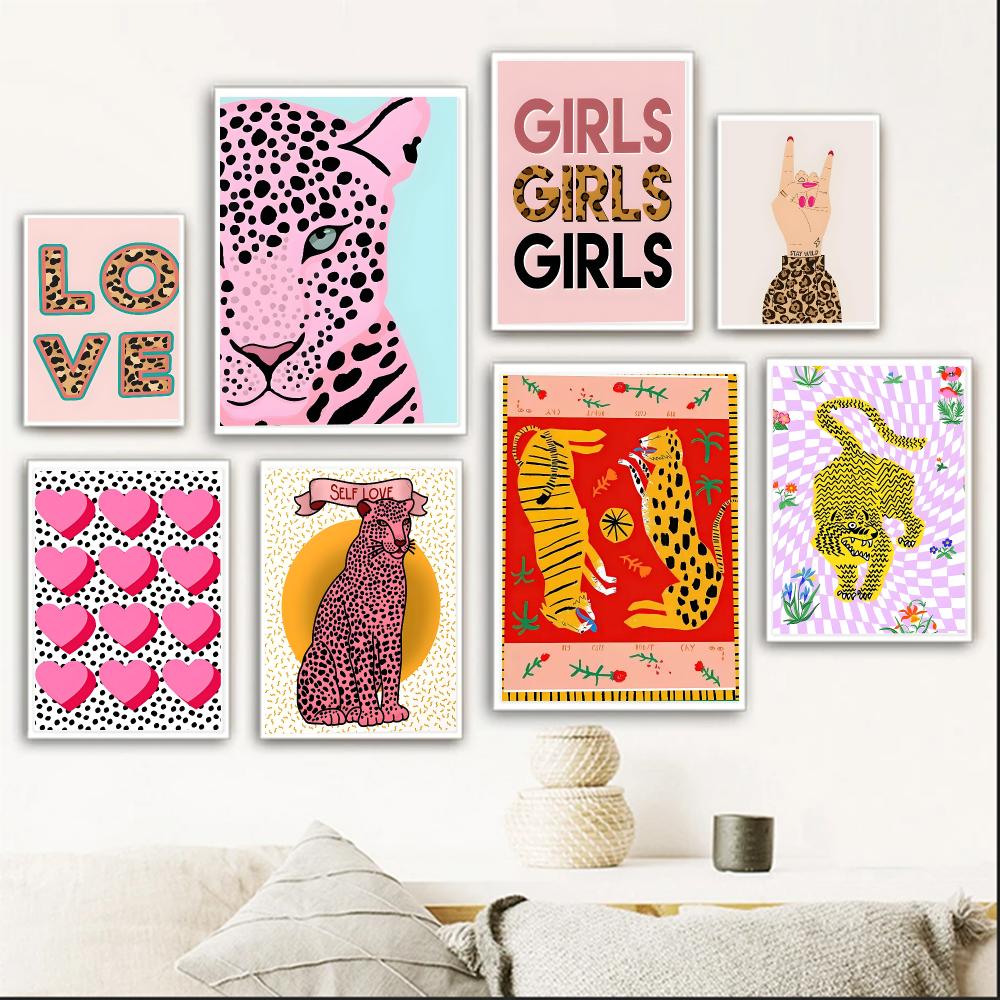 Interior Design Poster - カラフルなアート W-ワイルドレパードタイガーフラワーレインボーガールポスター ユニークなインテリア装飾デザイン＆居心地の良いホームデコレーション