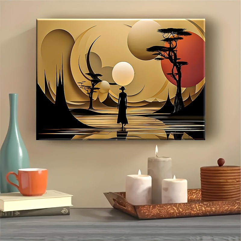 Interior Design Poster - 抽象アフリカ風景ポスタープリントゴールデントーン自然シーンキャンバス絵画壁アート画像リビングルームの家の装飾
