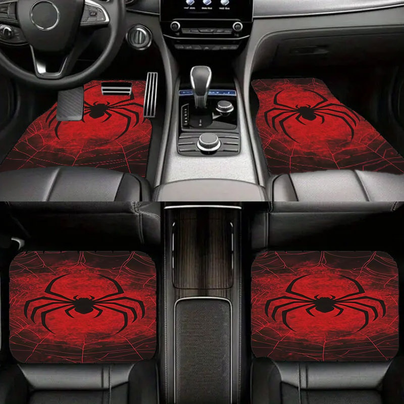 Interior Design Web Free - 5枚組 車用フロアマット、ブラックスパイダー＆レッドウェブデザイン、素材、スタイリッシュな車内アクセサリー、自動車内装装飾に最適