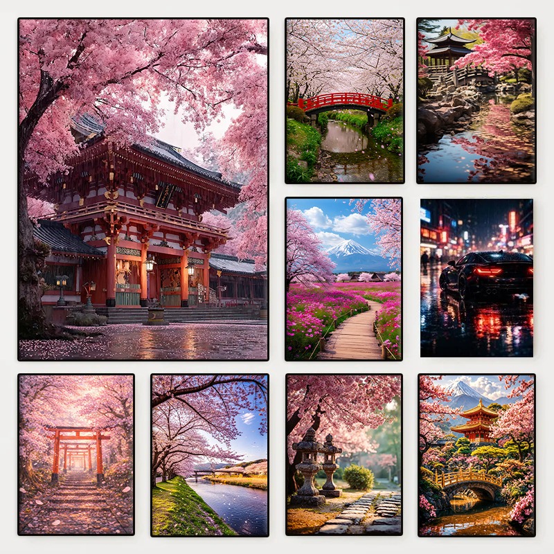 Interior Design Poster - 日本の庭園の風景桜の木ポスター桜の池美しい風景キャンバス絵画壁アート部屋の家の装飾用