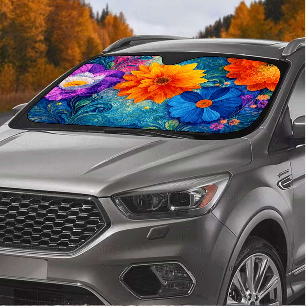 Interior Design Its - 1個入り カラフルな花柄デザインのフロントガラス用サンシェード、紫外線を遮断して涼しい室内空間を保ちます。 折りたたみ式です。