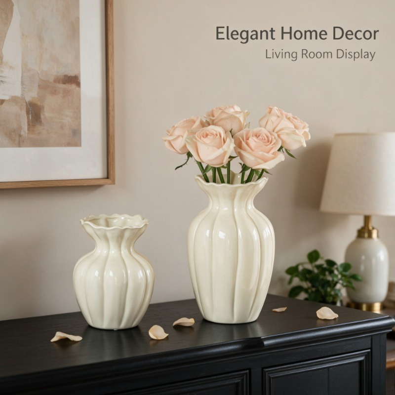 フランスのレトロなクリーム色の陶器製花瓶、溝付きデザイン、モ - Interior Design Vintage Modern のレビューと価格