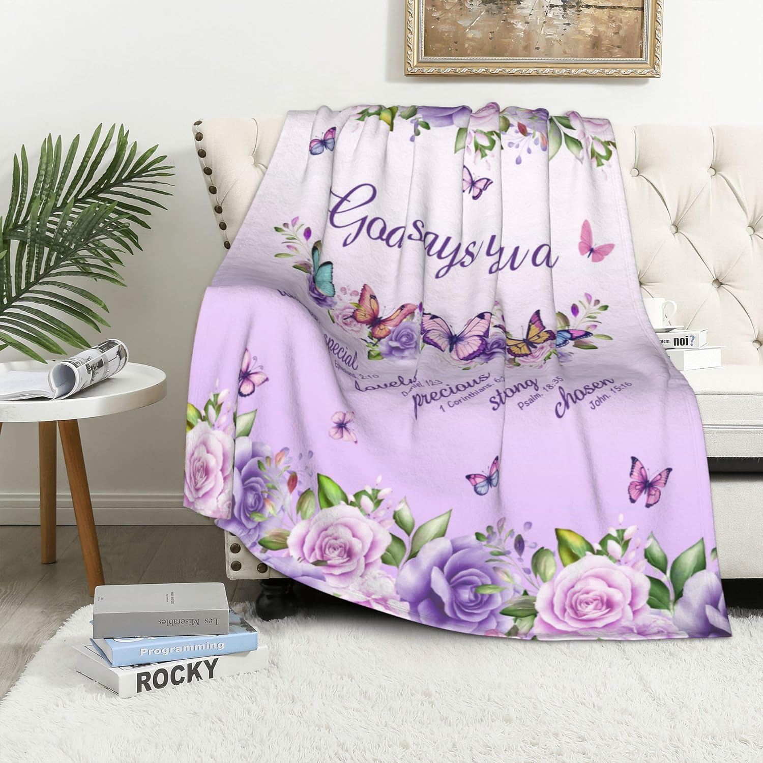 紫色のバラ、蝶、信仰の引用、フリースブランケット、宗教的なデ - Interior Design Quotes のレビューと価格