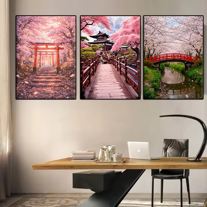 日本の庭園の風景桜の木ポスター桜の池美しい風景キャンバス絵画 - Interior Design Poster のレビューと価格