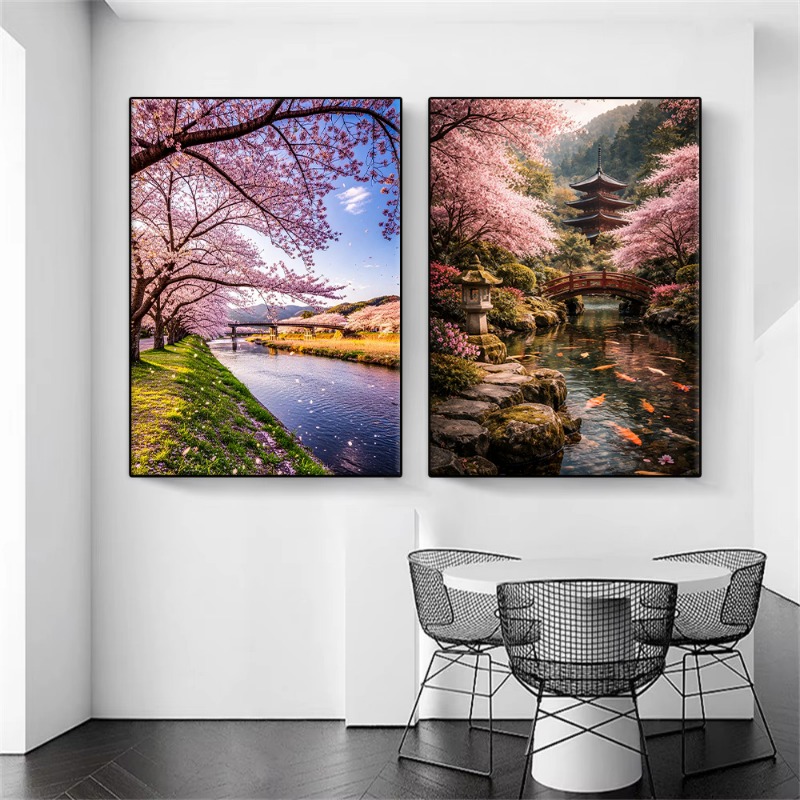 日本の庭園の風景桜の木ポスター桜の池美しい風景キャンバス絵画 - Interior Design Poster のレビューと価格