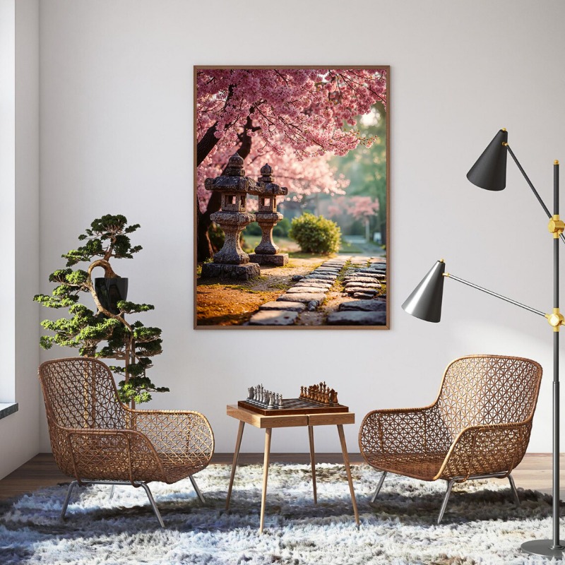 日本の庭園の風景桜の木ポスター桜の池美しい風景キャンバス絵画 - Interior Design Poster のレビューと価格